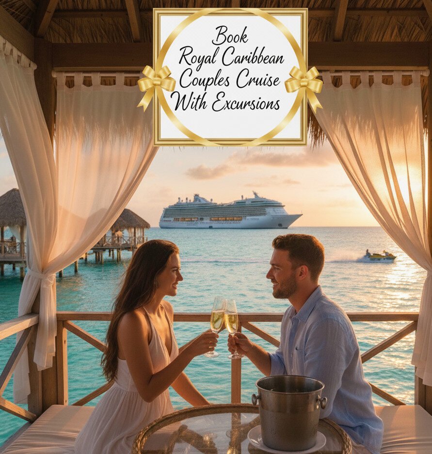 Royal Caribbean Couples Cruise with Excursions: A couple toasting champagne in an overwater cabana on Perfect Day at CocoCay at sunset.