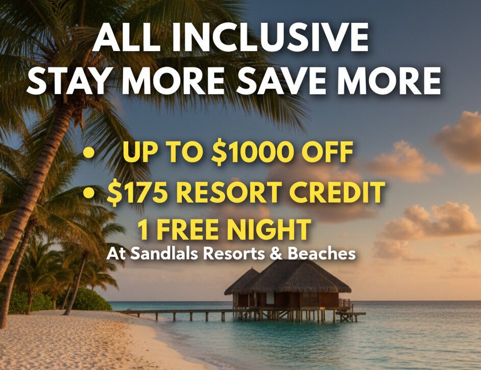 Save up to $1,000 + $175 Resort Credit. Up to 3 nights save up to $350, 5 nights save up to $555, and 7+ nights save up to $1,000 + $175 credit + 1 free night. Includes Sandals Saint Vincent, Sandals Dunn River, Sandals Ochi, Sandals Royal Barbados, and more!